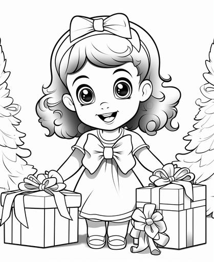 black and white coloring page for kids, colorful, little girls, friends, christmas aesthetic, happy, smiling, excited, opening presents, cartoon style, thick lines, low detail, no shading --ar 9:11