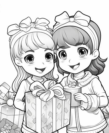 black and white coloring page for kids, colorful, little girls, friends, christmas aesthetic, happy, smiling, excited, opening presents, cartoon style, thick lines, low detail, no shading --ar 9:11