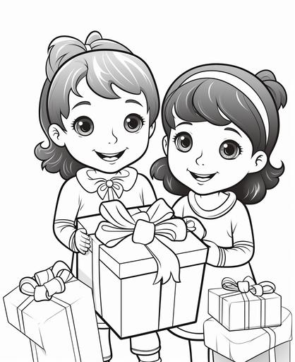 black and white coloring page for kids, colorful, little girls, friends, christmas aesthetic, happy, smiling, excited, opening presents, cartoon style, thick lines, low detail, no shading --ar 9:11