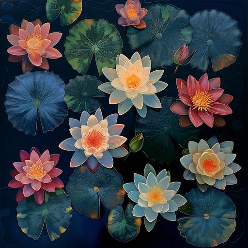 vibrant water lillies built from gradients, seen from top, plain blue background in the style of studio ghibli:: studio ghibli illustration with soft colours:: aerial view