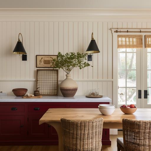 a kitchen with a transitional design style, inspired by Athena Calderone, Jake Arnold, and Amber Interiors. Includes Mulberry red accents, gingham details, and wall sconces with pleated shades.
