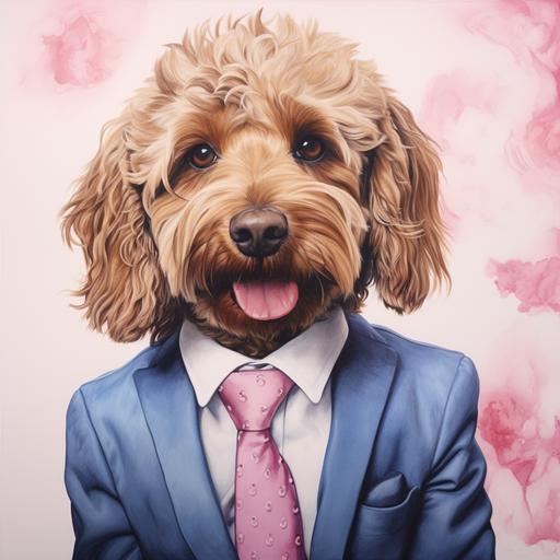 Un perro de aguas, de pelo rizado vestizo de traje azul y corbata rosa, mirando un calendario de pared rosa, acuarela.