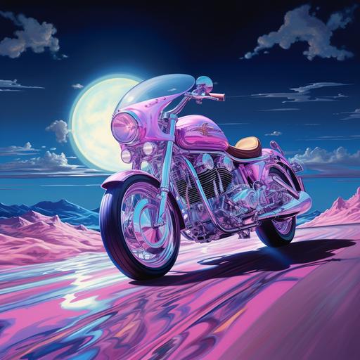 Una imagen de una moto de brillante color rosa, moderna, con toques de neón y en movimiento, el cielo azul claro y una carretera sinuosa, en contrapicado. En el faro delantero se puede ver una cara sonriente.