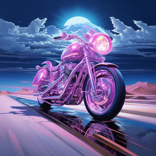 Una imagen de una moto de brillante color rosa, moderna, con toques de neón y en movimiento, el cielo azul claro y una carretera sinuosa, en contrapicado. En el faro delantero se puede ver una cara sonriente.