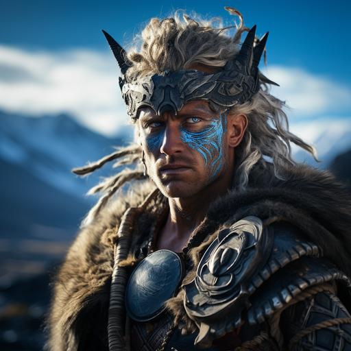 imagen de fantasía, guerrero vikingo, hombre, ojos azules, trenza rubia. Lleva una espada, armadura y un arco. Al fondo se puede ver una montaña nevada