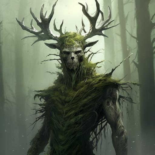 imagen de juego de rol, druida semiorco hombre, piel verde, lleva un yelmo con la cornamenta de un ciervo y un bastón rematado con el cráneo de un cuervo. Viste con pieles crudas