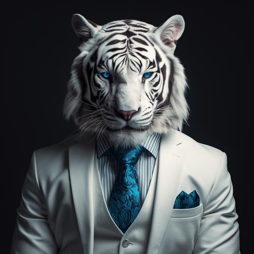 white tiger with blue eyes in a stylish suit