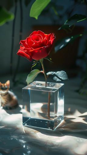 house of a red rose inside cube glass, rose inside cube, cube glass, little cat behoind, realistic, soft light, photography, --ar 9:16 --style raw