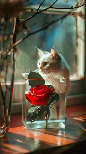 house of a red rose inside cube glass, rose inside cube, cube glass, behind a little white cat, cat green eyes, realistic, soft light, photography, --ar 9:16 --style raw