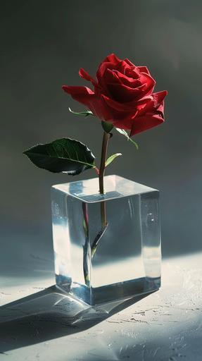 red rose inside cube glass, rose inside cube, cube glass, realistic, soft light, photography, --ar 9:16 --style raw