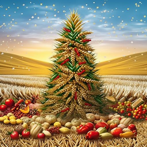 Christmas tree with xmas decorations ornaments stars in realistic farm scene, background realistic wheat grain, realistic corn grain and realistic soybean grain