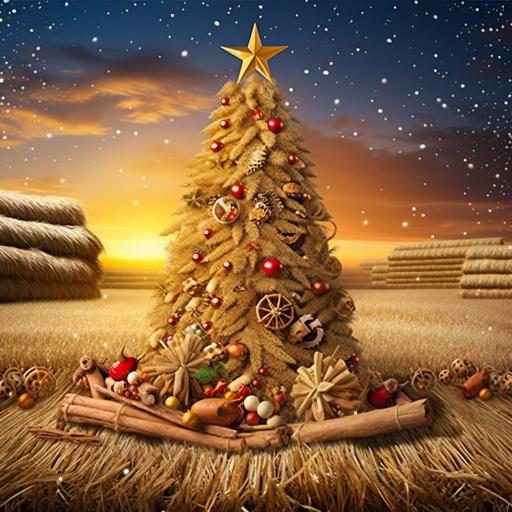Christmas tree with xmas decorations ornaments stars in realistic farm scene, background realistic wheat grain, realistic corn grain and realistic soybean grain