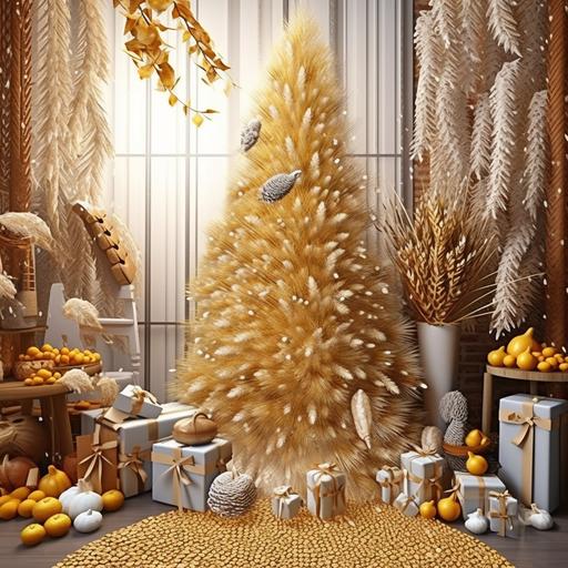 marylev Christmas tree with xmas decorations ornaments stars background realistic wheat grain, realistic corn grain and realistic soybean grain
