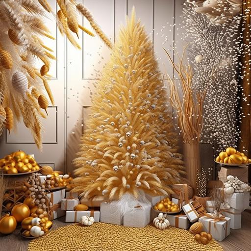 marylev Christmas tree with xmas decorations ornaments stars background realistic wheat grain, realistic corn grain and realistic soybean grain