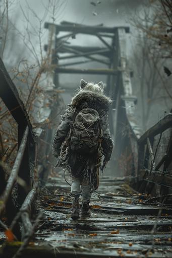 a girl with wolf ears, white hairs, post apocalyptic forest, portrait, walking next to a broken bridge, in a post apocalyptic world, jean baptiste monge style, running in the dark magic forest with his wild animal pet --ar 2:3