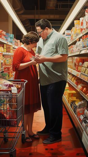 a fat couple buying groseries at the super market, both of them reading the labels on a product --ar 9:16