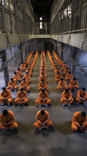 el salvador maximum security prison, all prisoners on their knees on the floor --ar 9:16