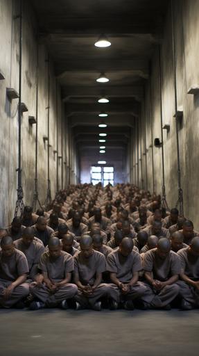 el salvador maximum security prison, all prisoners on their knees on the floor --ar 9:16