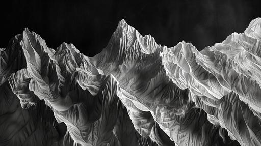 A monochromatic scene of a mountain range with intricate textures, each peak and valley representing the highs and lows of a symphonic piece. Created Using: black and white mountains, detailed textures, peak and valley symbolism, natural harmony, depth of field, contrasting shadows, majestic scale --ar 16:9 --v 6.0