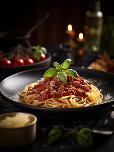 STYLE: Close-up Shot | GENRE: Gourmet | EMOTION: Tempting I SCENE: bowl of spaghetti bolognaise | TAGS: High-end food photography, clean composition, dramatic lighting, luxurious, elegant, mouth-watering, indulgent, gourmet | CAMERA: Nikon Z7 | FOCAL LENGTH: 105mm | SHOT TYPE: Close-up | COMPOSITION: Centered | LIGHTING: Soft directional light | PRODUCTION: Food Stylist | TIME: Evening I LOCATION TYPE: Interior --ar 3:4