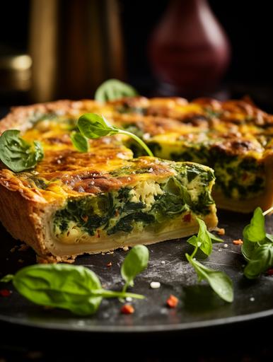 STYLE: Close-up Shot | GENRE: Gourmet | EMOTION: Tempting I SCENE: wholemeal spinach quiche | TAGS: High-end food photography, clean composition, dramatic lighting, luxurious, elegant, mouth-watering, indulgent, gourmet | CAMERA: Nikon Z7 | FOCAL LENGTH: 105mm | SHOT TYPE: Close-up | COMPOSITION: Centered | LIGHTING: Soft directional light | PRODUCTION: Food Stylist | TIME: Evening I LOCATION TYPE: Interior --ar 3:4