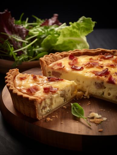 STYLE: Close-up Shot | GENRE: Gourmet | EMOTION: Tempting I SCENE: complete quiche lorraine | TAGS: High-end food photography, clean composition, dramatic lighting, luxurious, elegant, mouth-watering, indulgent, gourmet | CAMERA: Nikon Z7 | FOCAL LENGTH: 105mm | SHOT TYPE: Close-up | COMPOSITION: Centered | LIGHTING: Soft directional light | PRODUCTION: Food Stylist | TIME: Evening I LOCATION TYPE: Interior --ar 3:4