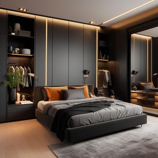 very small bedroom wardrobes on top and on side of the bed , black and gold color, interior design