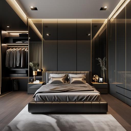 very small bedroom wardrobes on top and on side of the bed , black and gold color, interior design