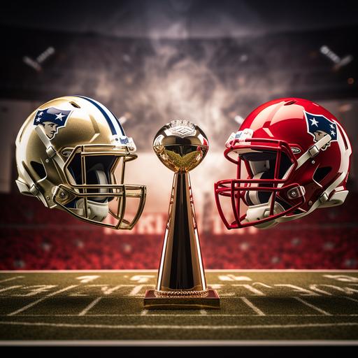 two football helmets pointed towards the super bowl trophy in the middle, football field as the background, red and white