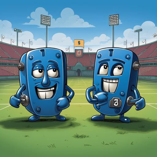 two security locks playing football, on a football field, nfl, blue, cartoon, happy