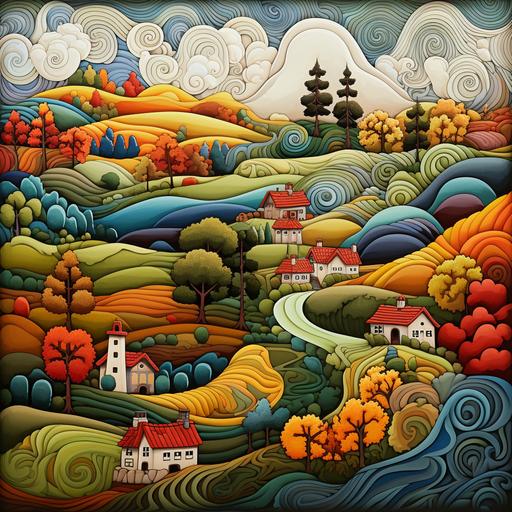 An illustration showing farm houses and fields in different colors, in the style of Hunertwasser, twisted tangles, silk painting, planar art, velvia, repeating pattern