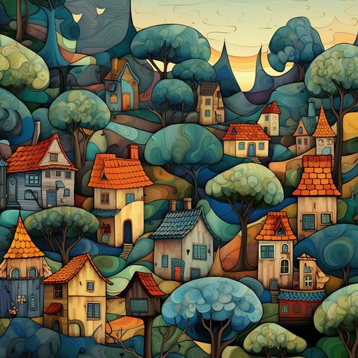 An illustration showing houses and trees in different colors, in the style of Hunertwasser, twisted tangles, silk painting, landscapes with social commentary, planar art, velvia, repeating pattern