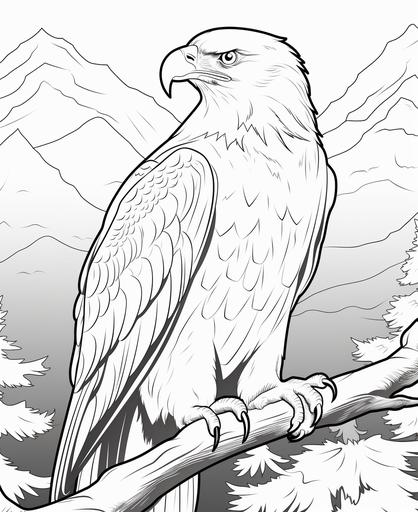 coloring page for kids, bald eagle, cartoon style, thick line, low detailm no shading --ar 9:11