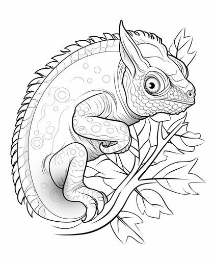 coloring page for kids, chameleon, cartoon style, thick line, low detailm no shading --ar 9:11