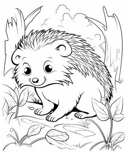 coloring page for kids, hedgehog, cartoon style, thick line, low detailm no shading --ar 9:11