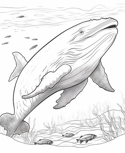 coloring page for kids, humpback whale, cartoon style, thick line, low detailm no shading --ar 9:11