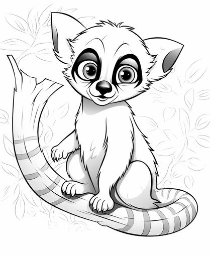 coloring page for kids, lemur, cartoon style, thick line, low detailm no shading --ar 9:11