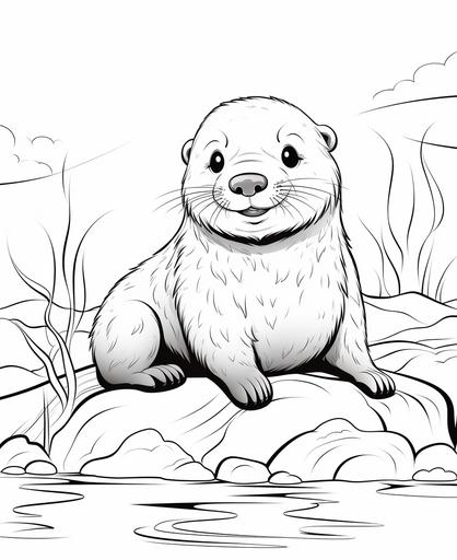 coloring page for kids, sea otter, cartoon style, thick line, low detailm no shading --ar 9:11
