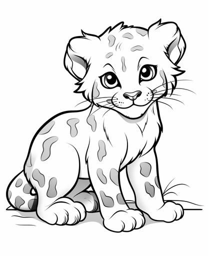 coloring page for kids, snow leopard, cartoon style, thick line, low detailm no shading --ar 9:11