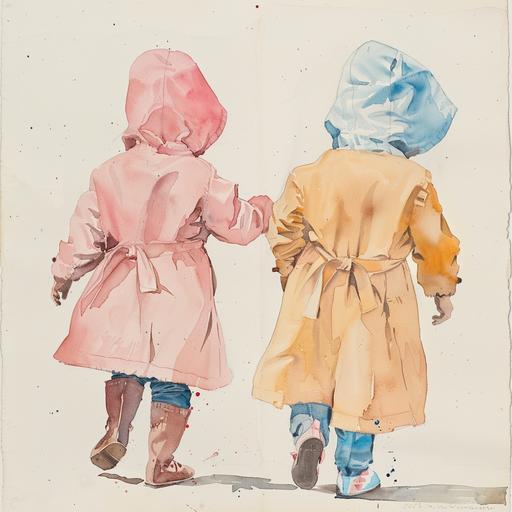 1950's , raincoats , toddlers, bessie pease goodman minimalist single line sketch , pale watercolors , faded