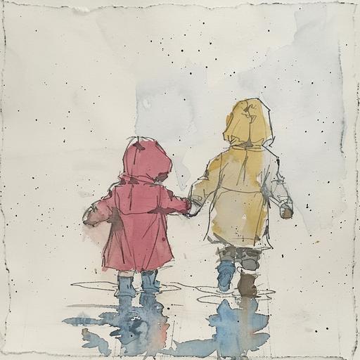 1950's , raincoats , toddlers playing in a puddle, bessie pease goodman minimalist single line sketch , pale watercolors , faded