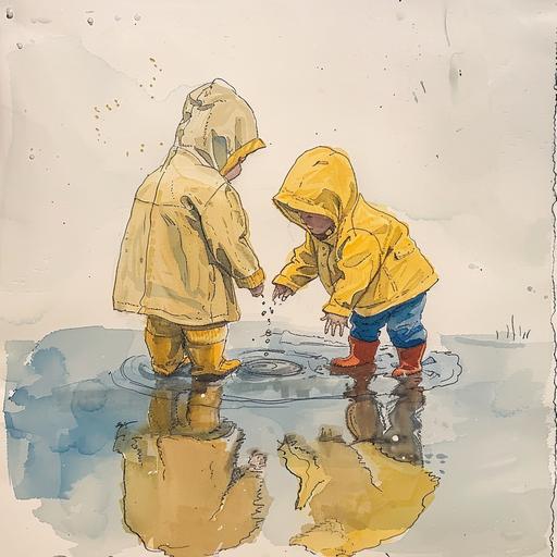 1950's , raincoats , toddlers playing in a puddle, bessie pease goodman minimalist single line sketch , pale watercolors , faded