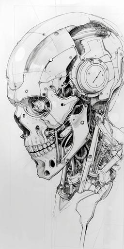 a minimalist single line sketch of a stainless steel skull, beautiful anime artwork, wlop, pen and alcohol marker : : robotic head, otomo manga, mechanisms, computer art, skulls are lying underneath, detailed human face, japanese illustrator, iridescent cybernetic processor, hyper detailed faces, human : - 2 --v 6.0 --ar 1:2