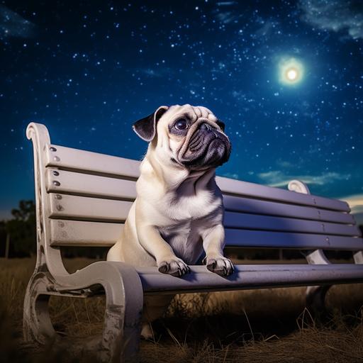 4404_Take a picture of a white pug sitting on a bench and looking at the sky --ar 1:1