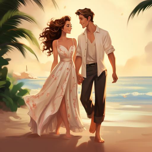 In the style of Disney & Pixar animation, a happily married couple in their mid 30's, The beautiful woman has long wavy brown hair, Her eyes are light hazel and magical, She has light pink cheeks and full lips, She is slim and wears a white flowy beach dress with strappy light brown sandals, The handsome man is taller than her and has short black hair with short beard and mustache stuble, His eyes are dark brown and very caring, He wears dark blue beach shorts and a light blue aloha shirt and white slip on tennis shoes