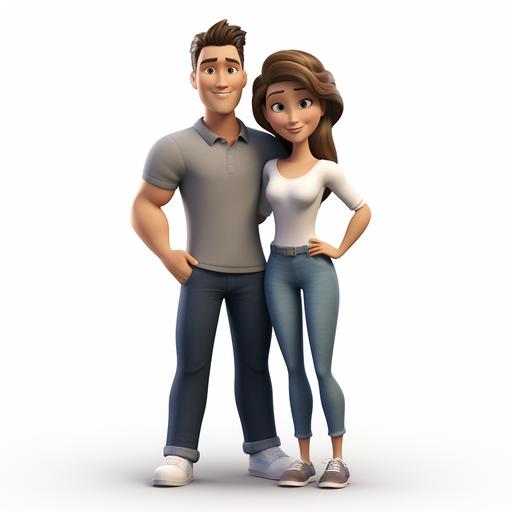 Pixar animation of a playful married couple in their 40's, she has long wavy brown hair, full lips, light hazel eyes, and square face, wearing a jeans and a white blouse and white tennis shoes, he has short black hair in a faux hawk and stubble with dark brown almond eyes and heart face and wears dark green pants and a dark blue crew cut tshirt