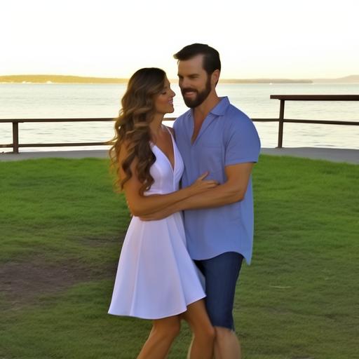 a happily married couple in their mid 30's. The beautiful woman has long wavy brown hair. Her eyes are light hazel and maical. She has light pink cheeks and full lips. She is slim and wears a white flowy beach dress with strappy light brown sandals. The handsome man is taller than her and has short black hair with short beard and mustache stuble. His eyes are dark brown and very caring. He wears dark blue beach shorts and a light blue aloha shirt and white slip on tennis shoes. In the style of Disney & Pixar animation, --no outline