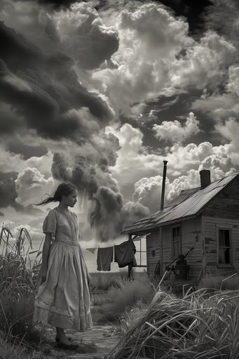 An authentic scene of a photorealistic homestead in the Great Plains with dry grasses, dust, and small farmhouse. There is a turbulent and troublesome sky as a storm approaches. A woman stands in the scene. She has a realistic photo face and is wearing a worn and tattered dress with apron. She is tired, and hanging clothes on the clothesline. A well with hand pump is nearby - created in black and white --ar 2:3 --v 6.0