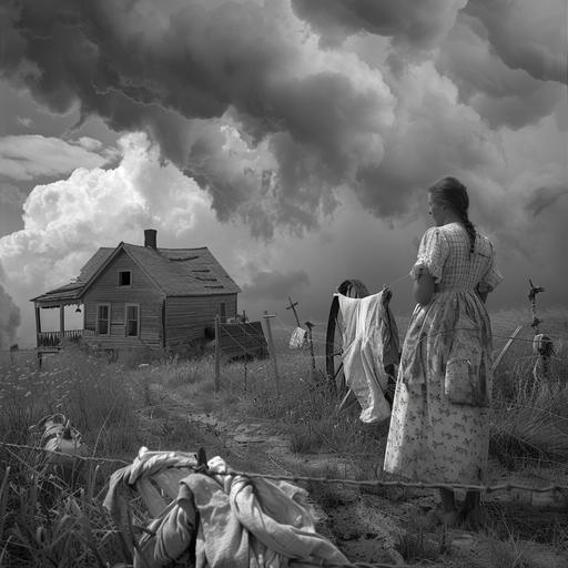 An authentic scene of a photorealistic homestead in the Great Plains with dry grasses, dust, and small farmhouse. There is a turbulent and troublesome sky as a storm approaches. A woman stands in the scene. She has a realistic photo face and is wearing a worn and tattered dress with apron. She is tired, and hanging clothes on the clothesline. A well with hand pump is nearby - created in black and white