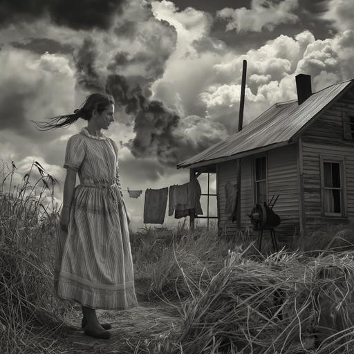 An authentic scene of a photorealistic homestead in the Great Plains with dry grasses, dust, and small farmhouse. There is a turbulent and troublesome sky as a storm approaches. A woman stands in the scene. She has a realistic photo face and is wearing a worn and tattered dress with apron. She is tired, and hanging clothes on the clothesline. A well with hand pump is nearby - created in black and white --v 6.0